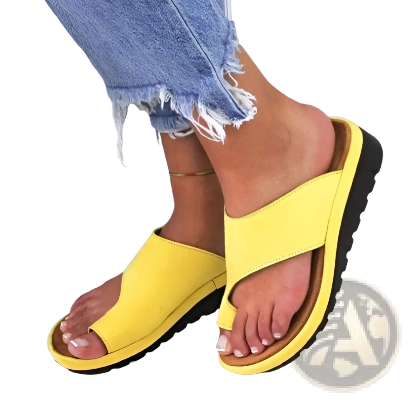 Bright yellow women’s platform slide sandals with thick black sole and simple open-toe design for beach use
