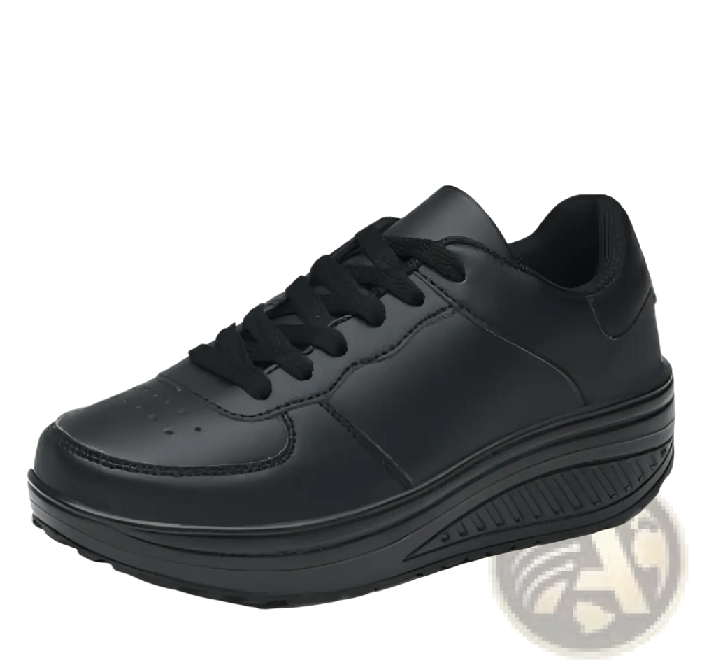 Black leather women’s platform sneaker with thick cushioned sole and matching laces designed for sports use