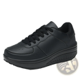Black leather women’s platform sneaker with thick cushioned sole and matching laces designed for sports use