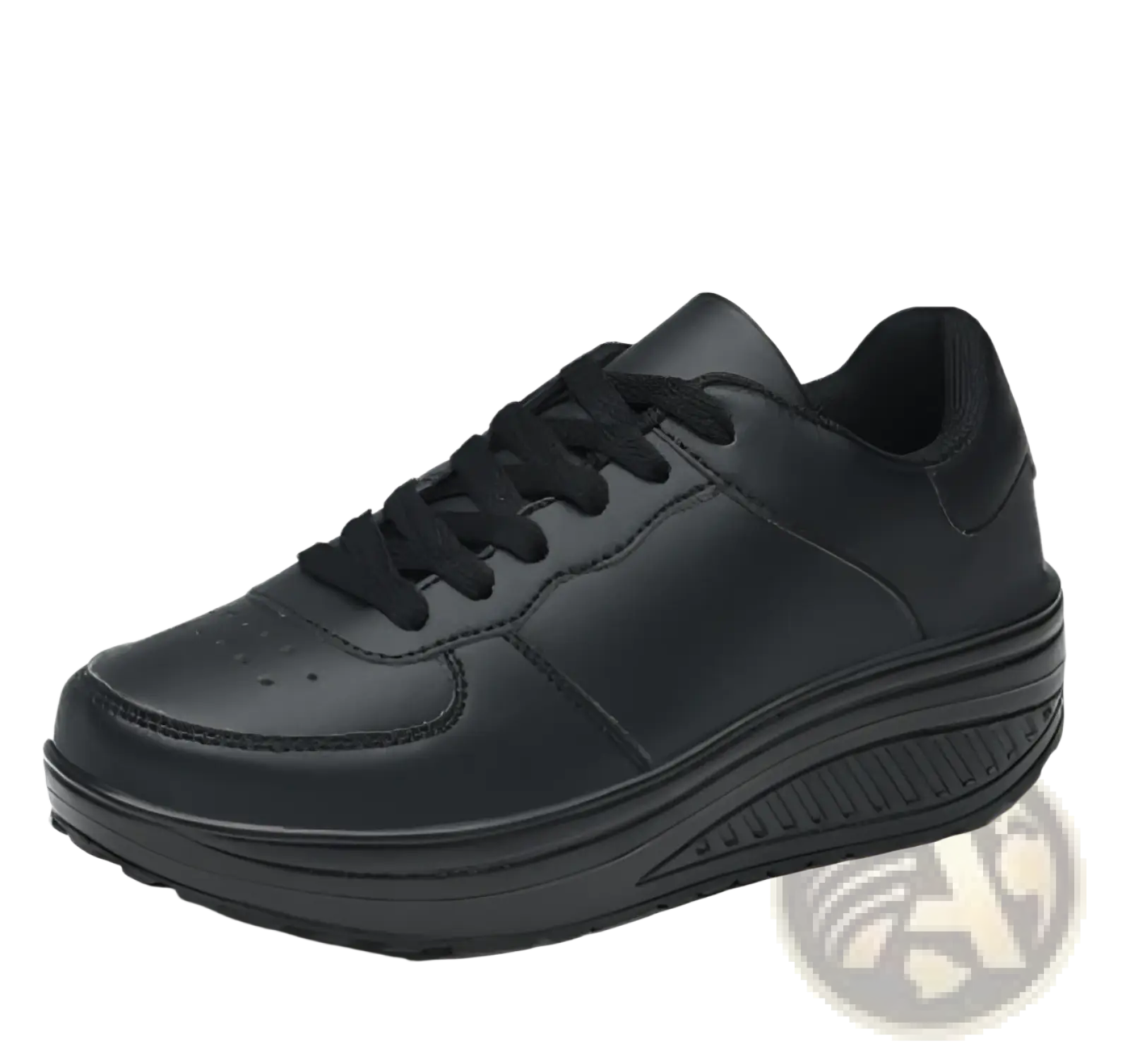 Black leather women’s platform sneaker with thick cushioned sole and matching laces designed for sports use