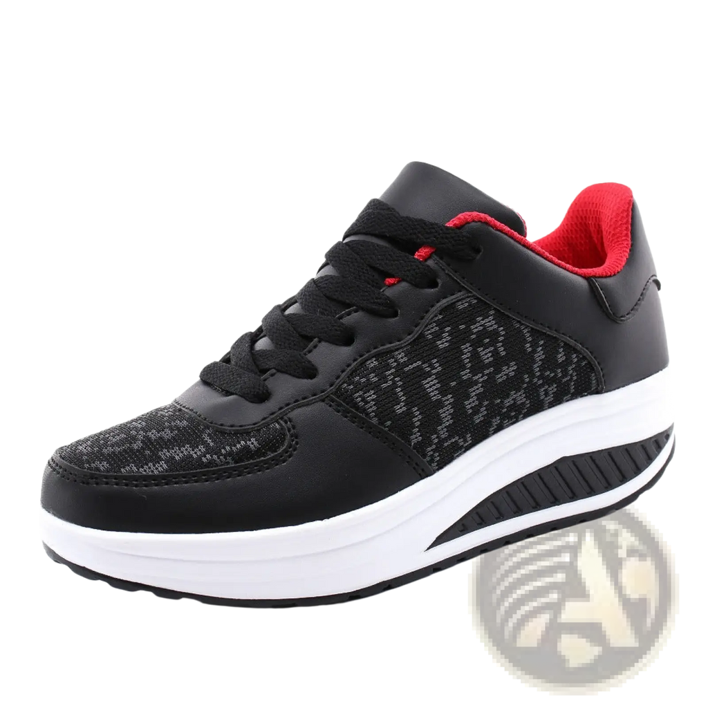 Women’s platform sneakers leather mesh sports shoes in black and red with textured mesh upper and white rubber sole