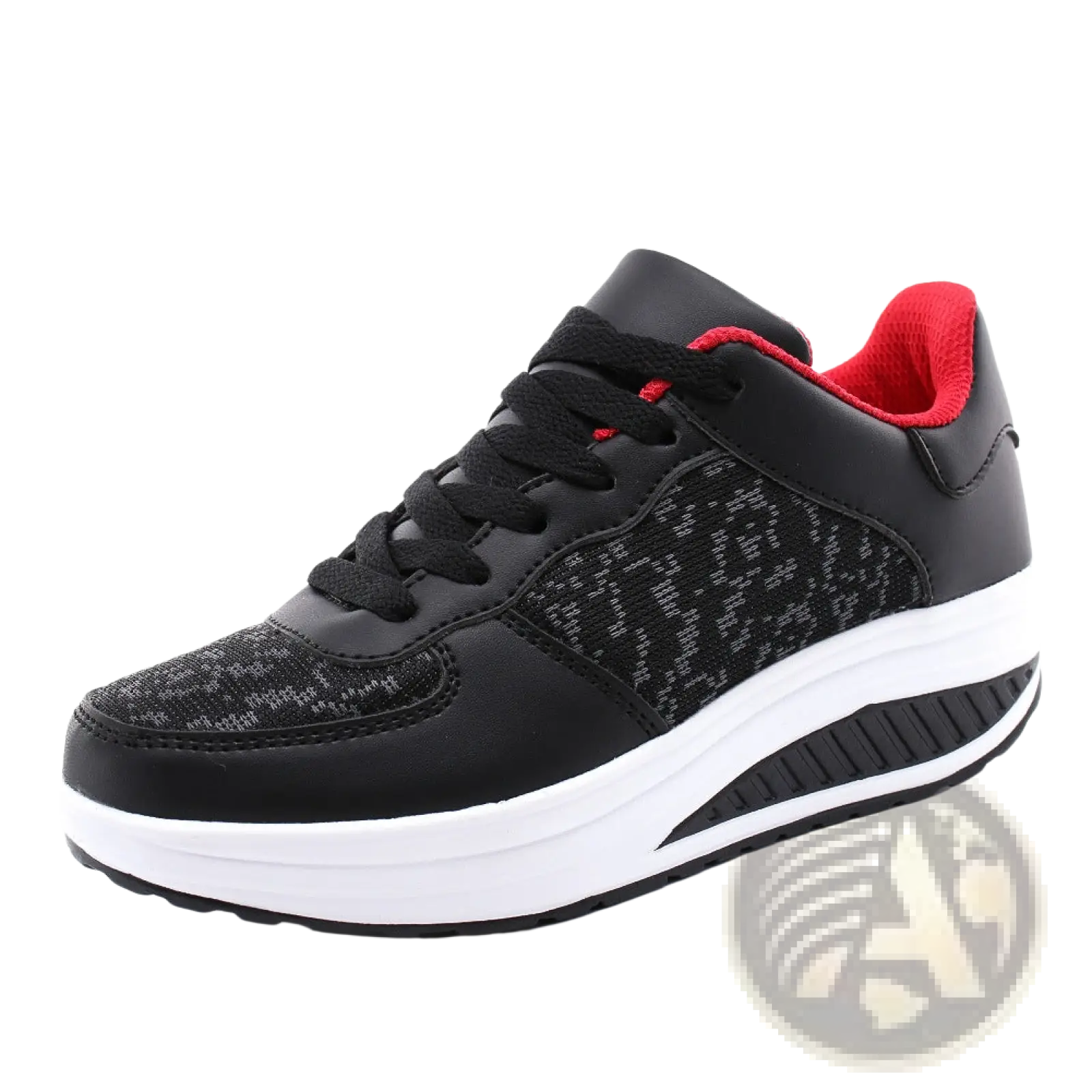 Women’s platform sneakers leather mesh sports shoes in black and red with textured mesh upper and white rubber sole