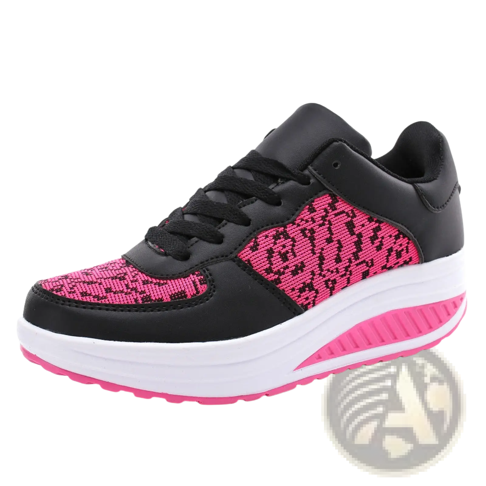 Women’s platform leather mesh sports sneaker in black and pink with textured knit panel and vibrant pink outsole