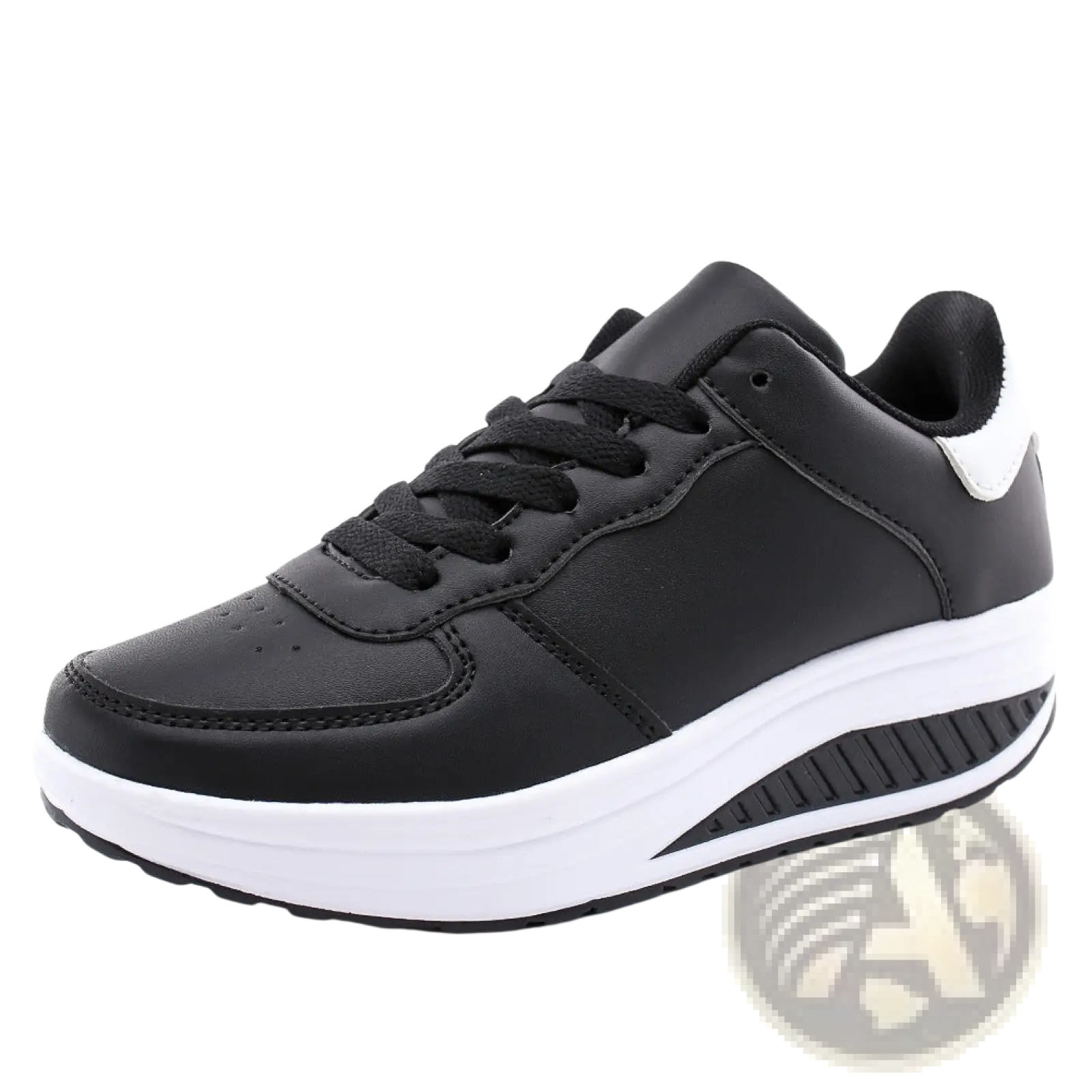 Black leather women’s platform sneaker with white rubber sole and textured heel grip shown from the back side
