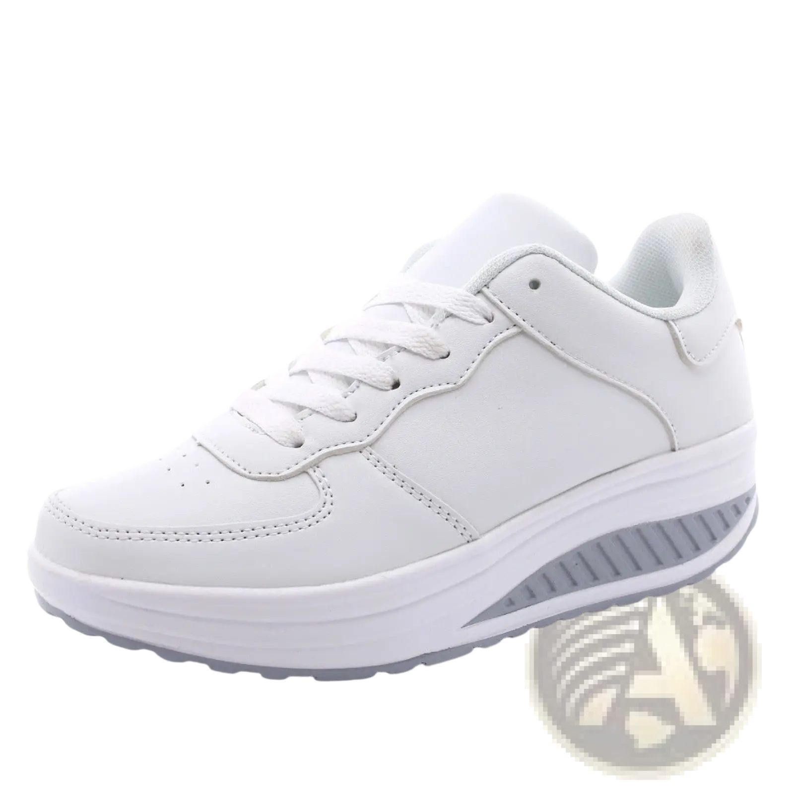 White leather women’s platform sneakers with thick cushioned sole and subtle gray accents on the heel