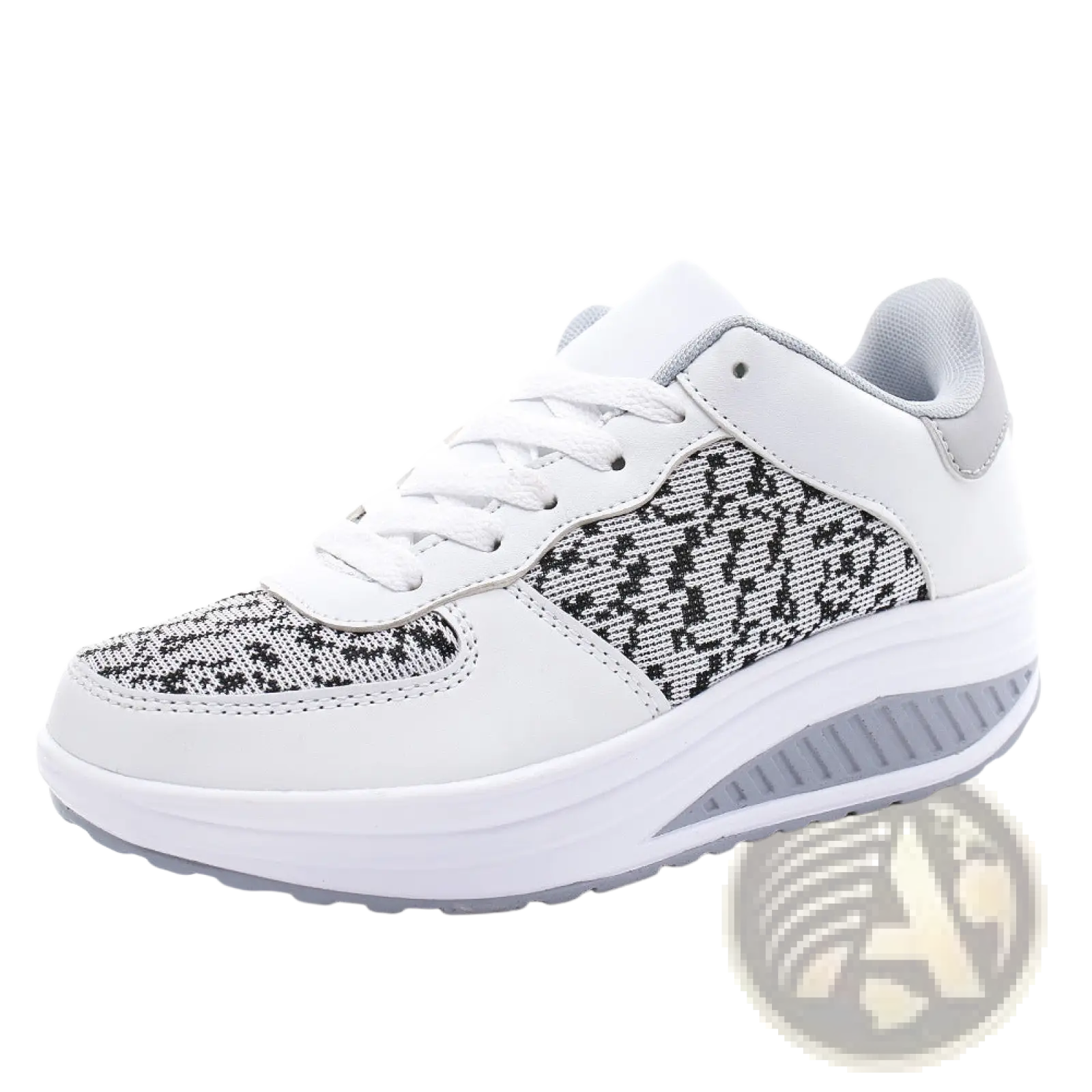 White and gray women’s platform sneakers with leather mesh and textured knit side panels featuring white laces and cushioned sole