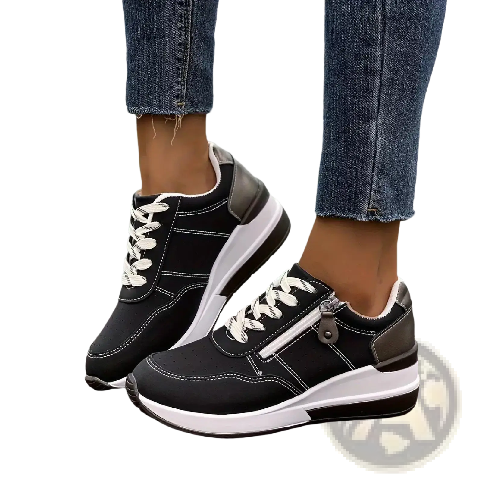 Women’s black and white synthetic leather platform sneakers with side zipper for casual wear