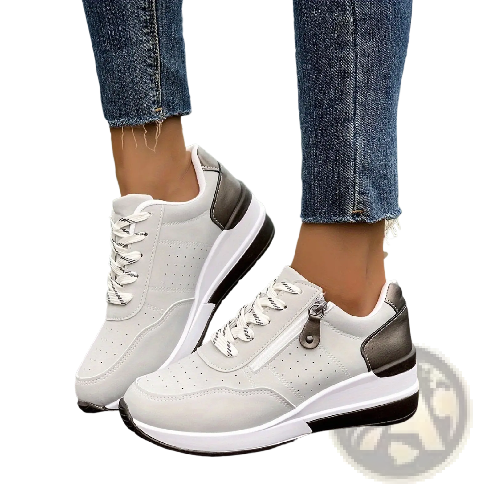 Women’s platform sneakers in white and gray synthetic leather with perforated uppers black soles and side zipper detail