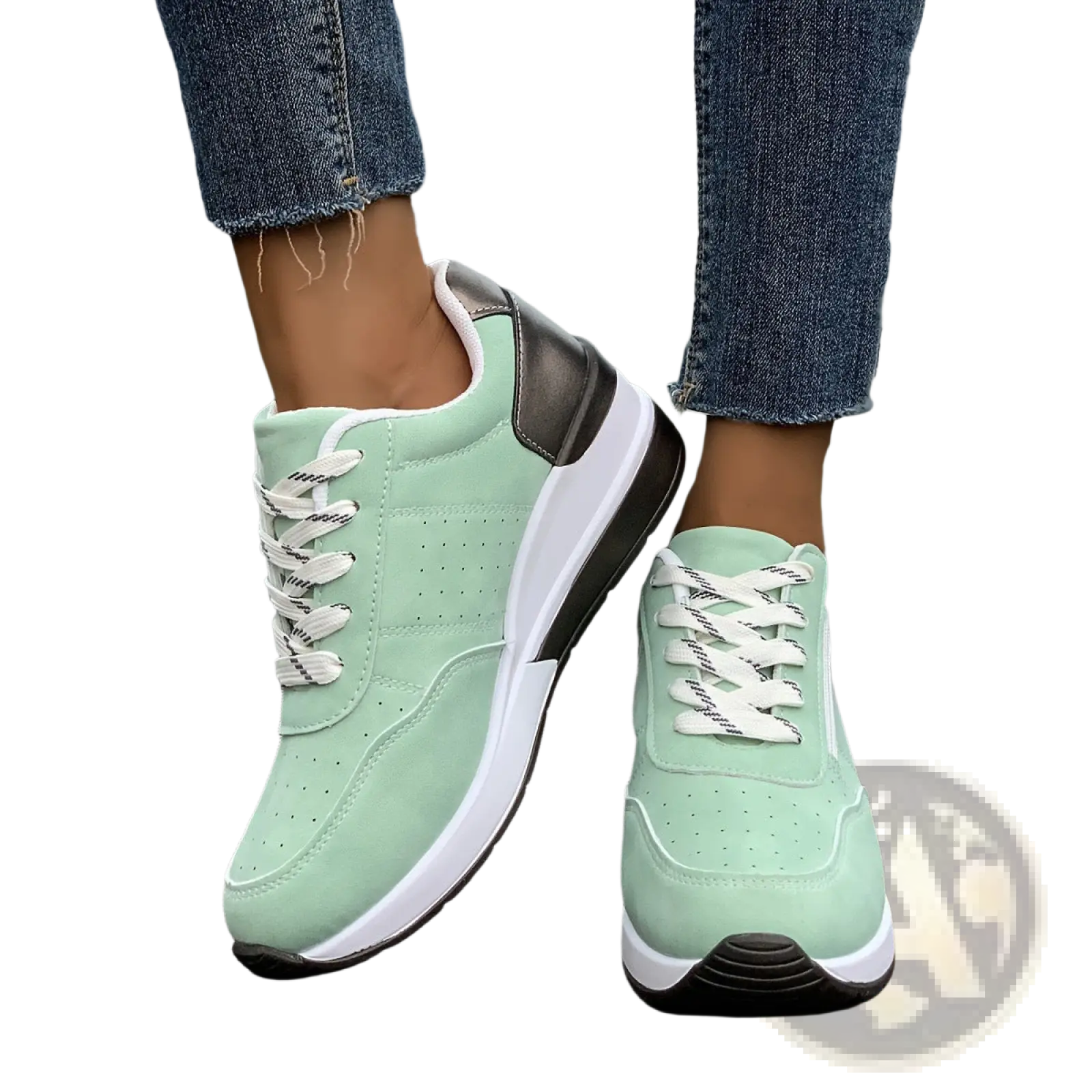 Women’s platform sneakers in mint green and white synthetic leather with black accents for casual wear