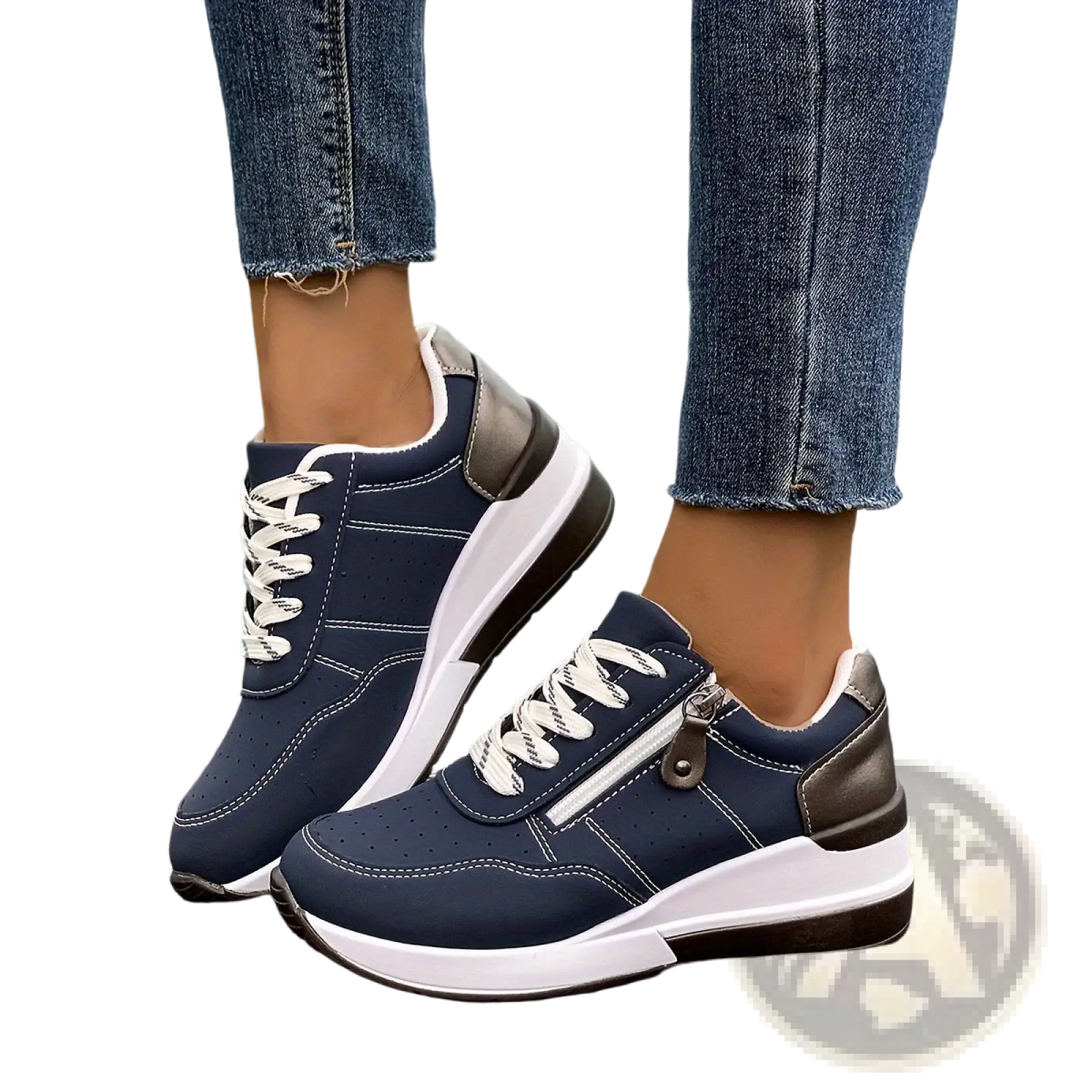 Women’s platform sneakers in navy blue and white synthetic leather with side zipper detail for casual wear
