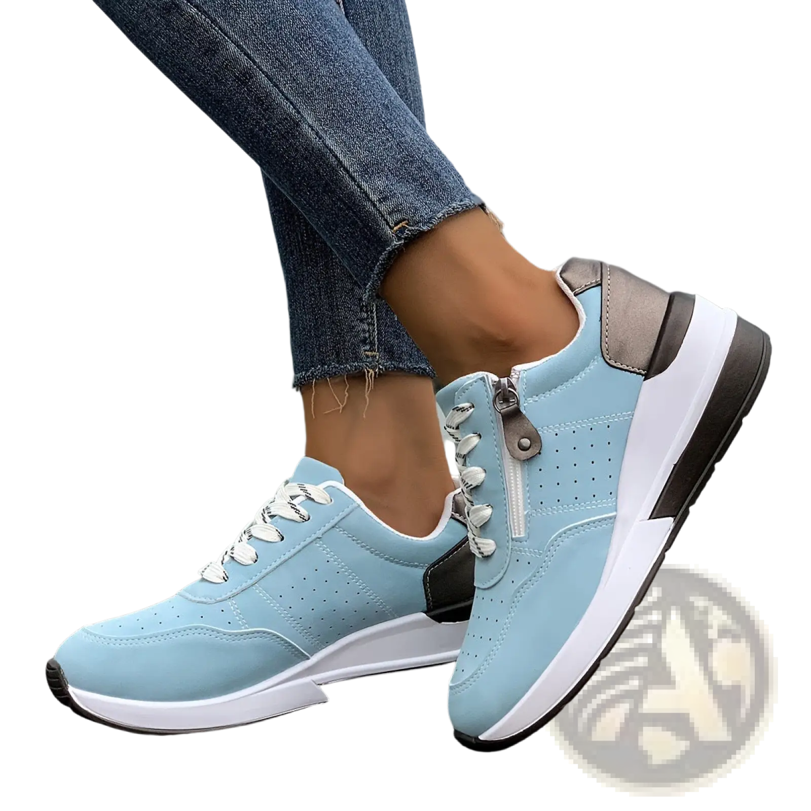 Light blue women’s platform sneakers with white laces silver side zipper black accents synthetic leather casuals