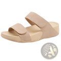 Beige leather-look women’s platform sport sandal with two velcro straps and cushioned sole for comfort