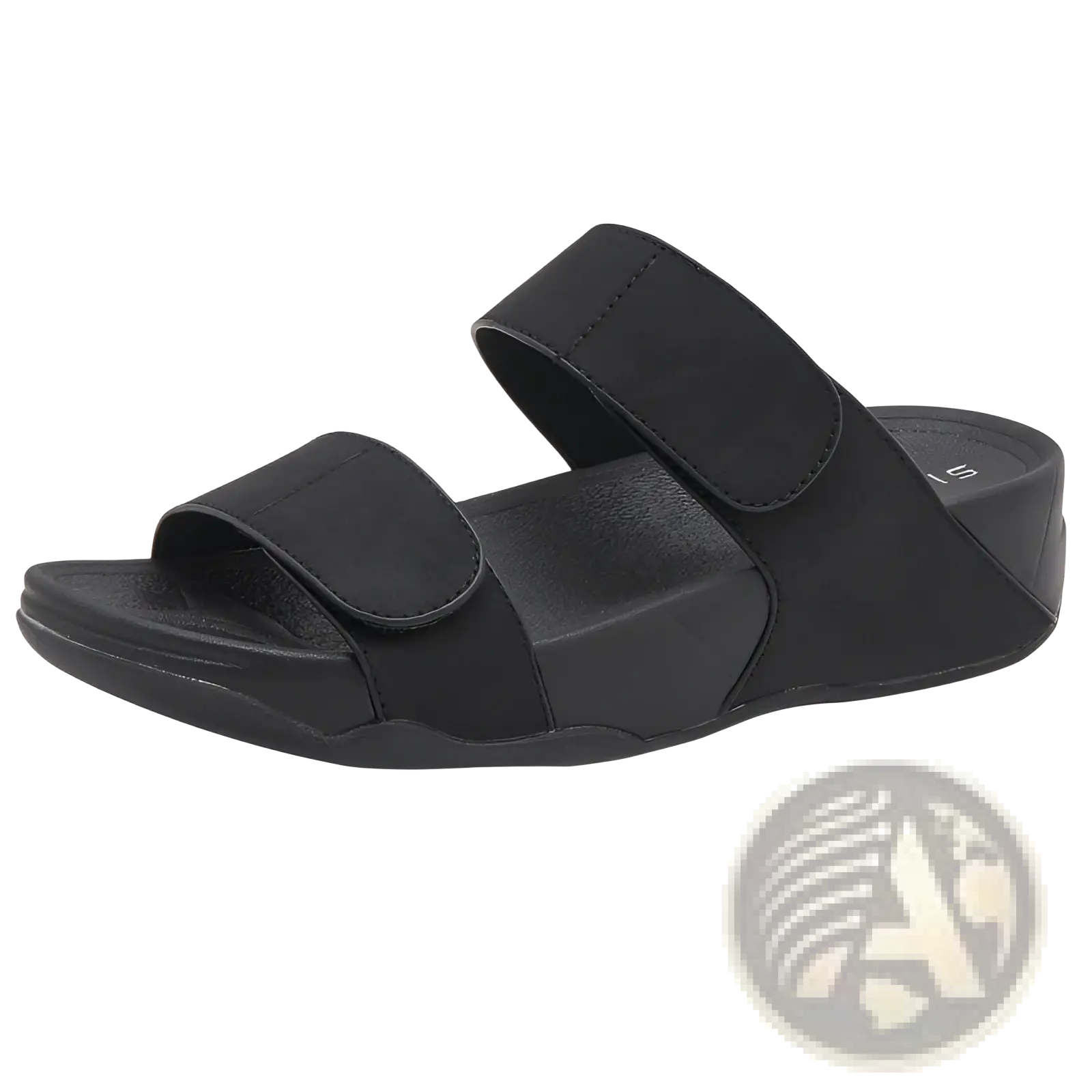 Black women’s platform sport sandal with two wide velcro straps and cushioned sole for comfortable wear