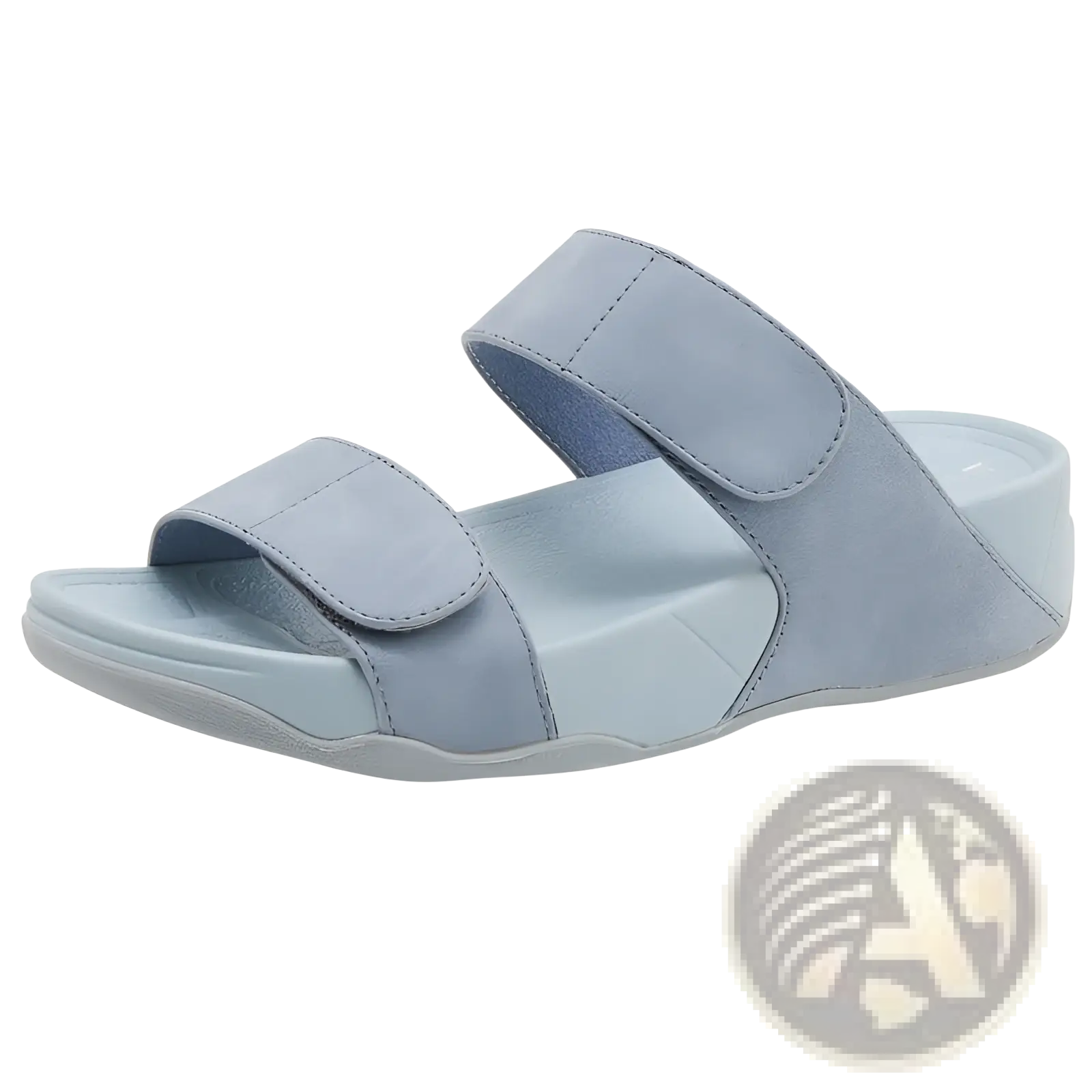 Light blue suede women’s platform sport sandal with two velcro straps and a contoured footbed