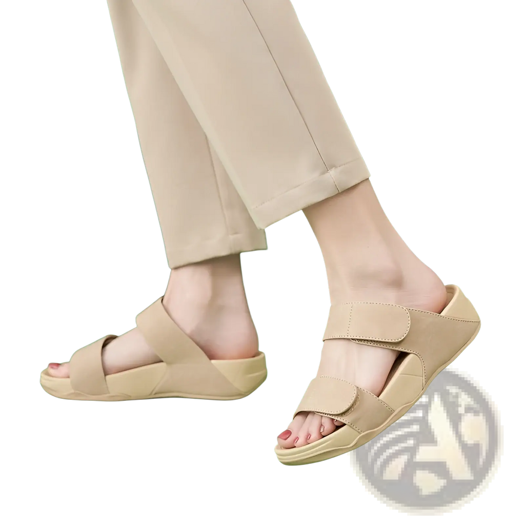 Beige women’s platform sport sandals with two adjustable velcro straps and a cushioned contoured sole