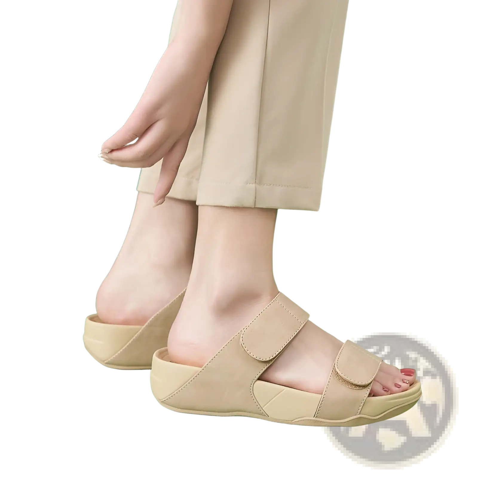 Beige suede women’s platform sport sandals with cushioned wedge sole and two velcro straps for secure fit