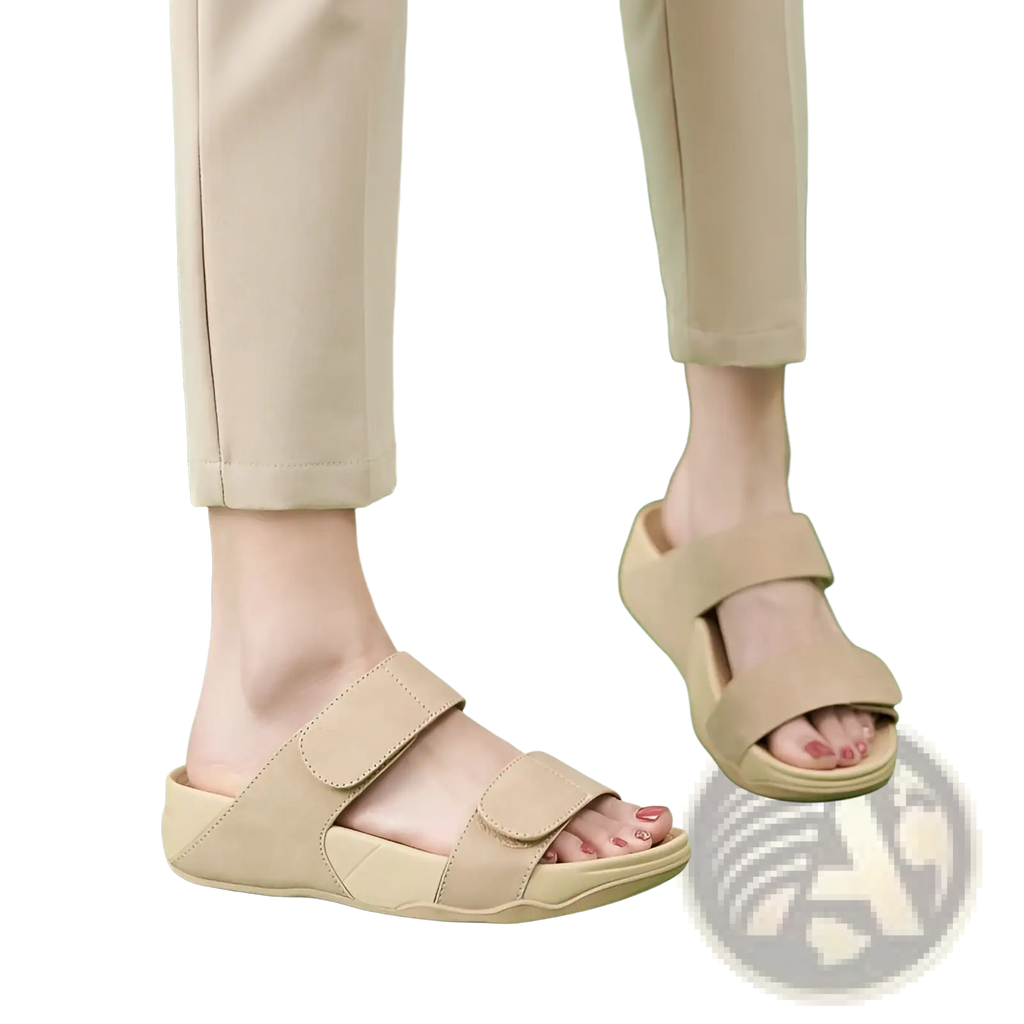 Beige women’s platform sport sandals with cushioned sole and two velcro straps for adjustable comfort