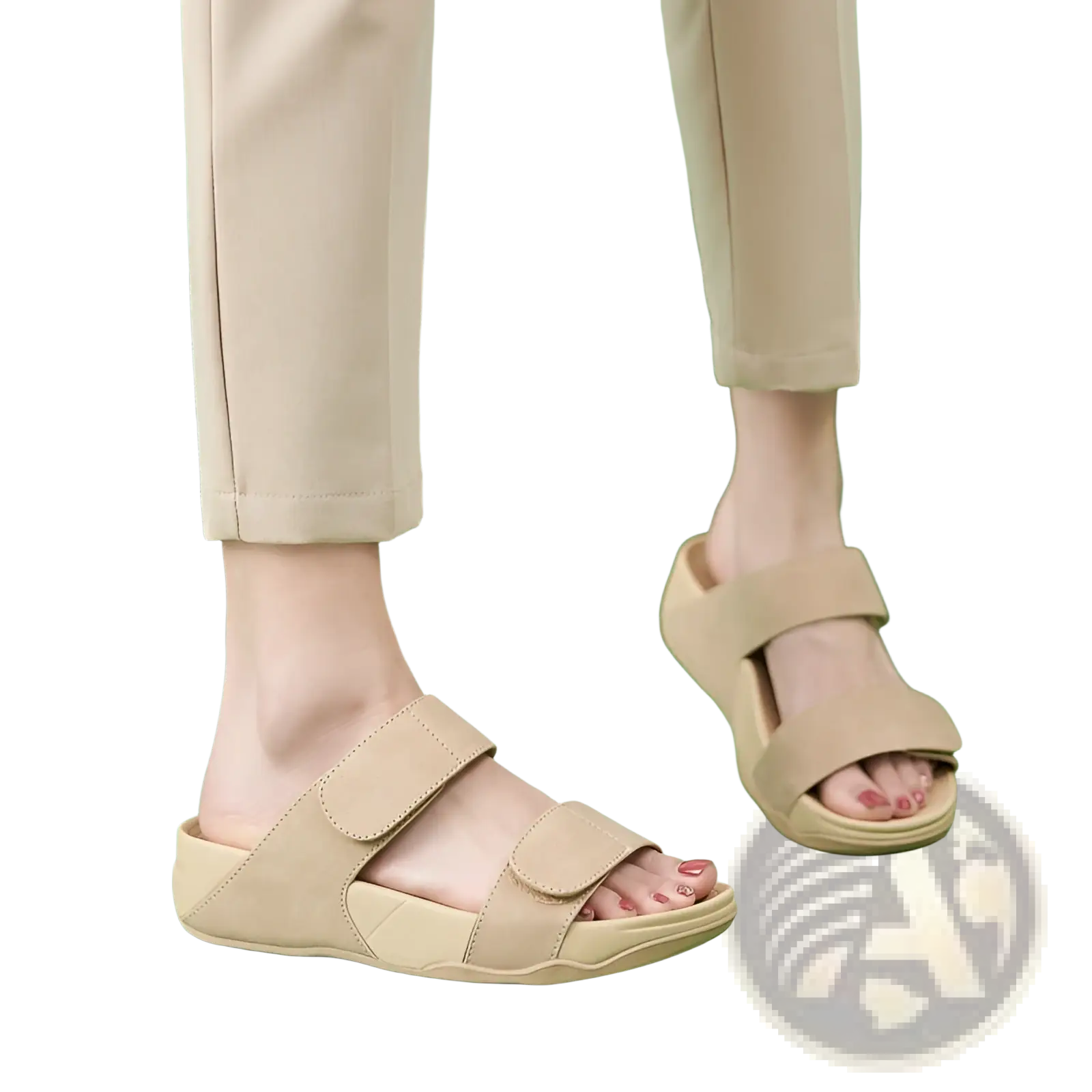 Beige women’s platform sport sandals with cushioned sole and two velcro straps for adjustable comfort