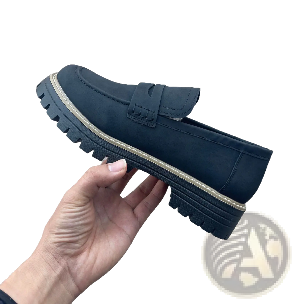 Dark navy suede women’s platform loafers with chunky rubber sole and contrasting light beige stitching for casual wear