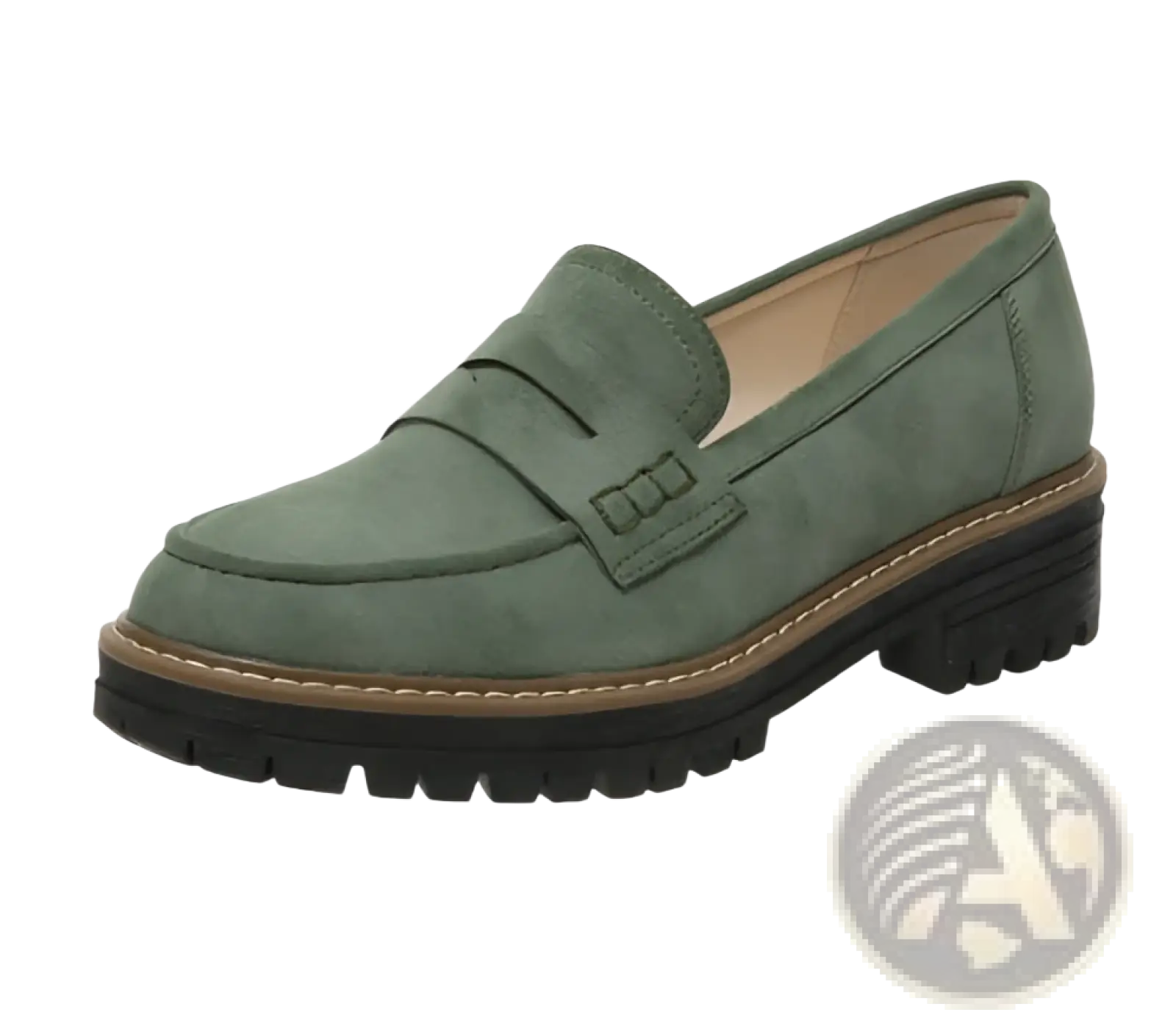 Women’s platform suede loafers in moss green with chunky black rubber sole and tan stitching for casual wear