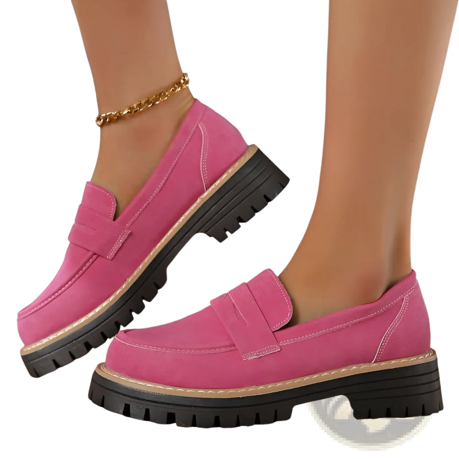 Women’s bright pink suede loafers with chunky black rubber sole and tan stitching casual leather platform shoes