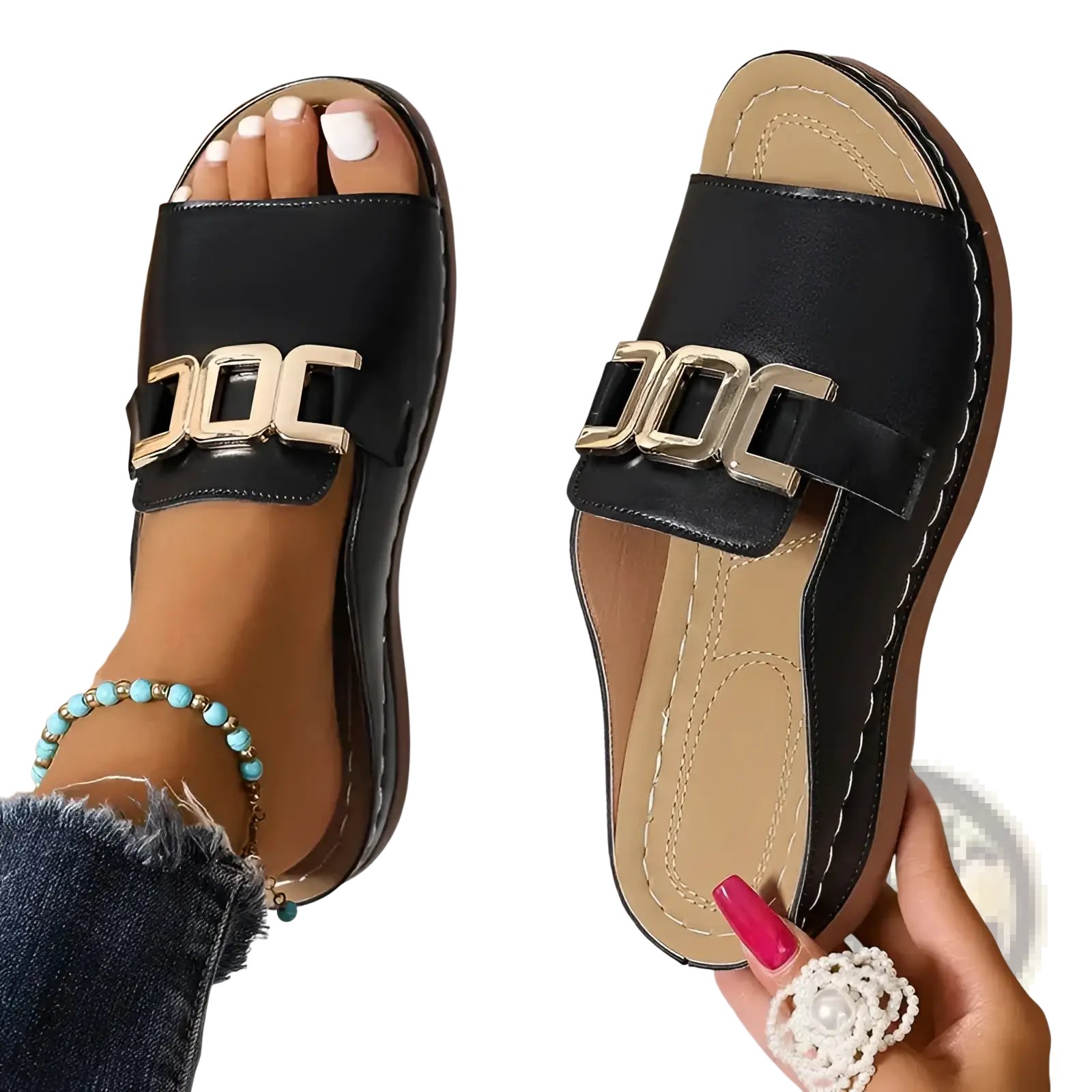 Black leather women’s platform wedge slide sandals with gold tone metal buckle featuring interlocking c design