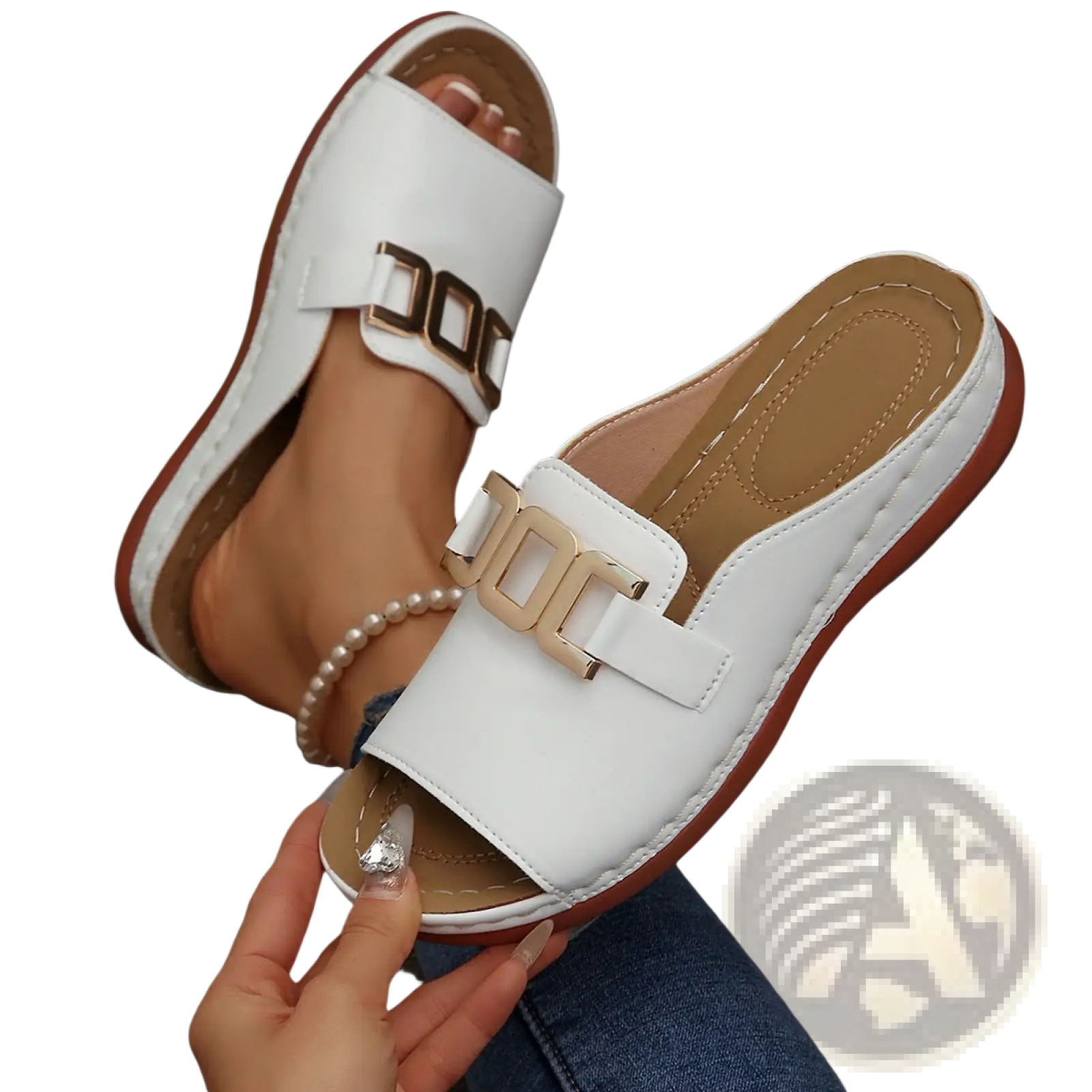 Women’s platform wedge slide sandals in white leather with gold-tone rectangular buckle and brown rubber sole
