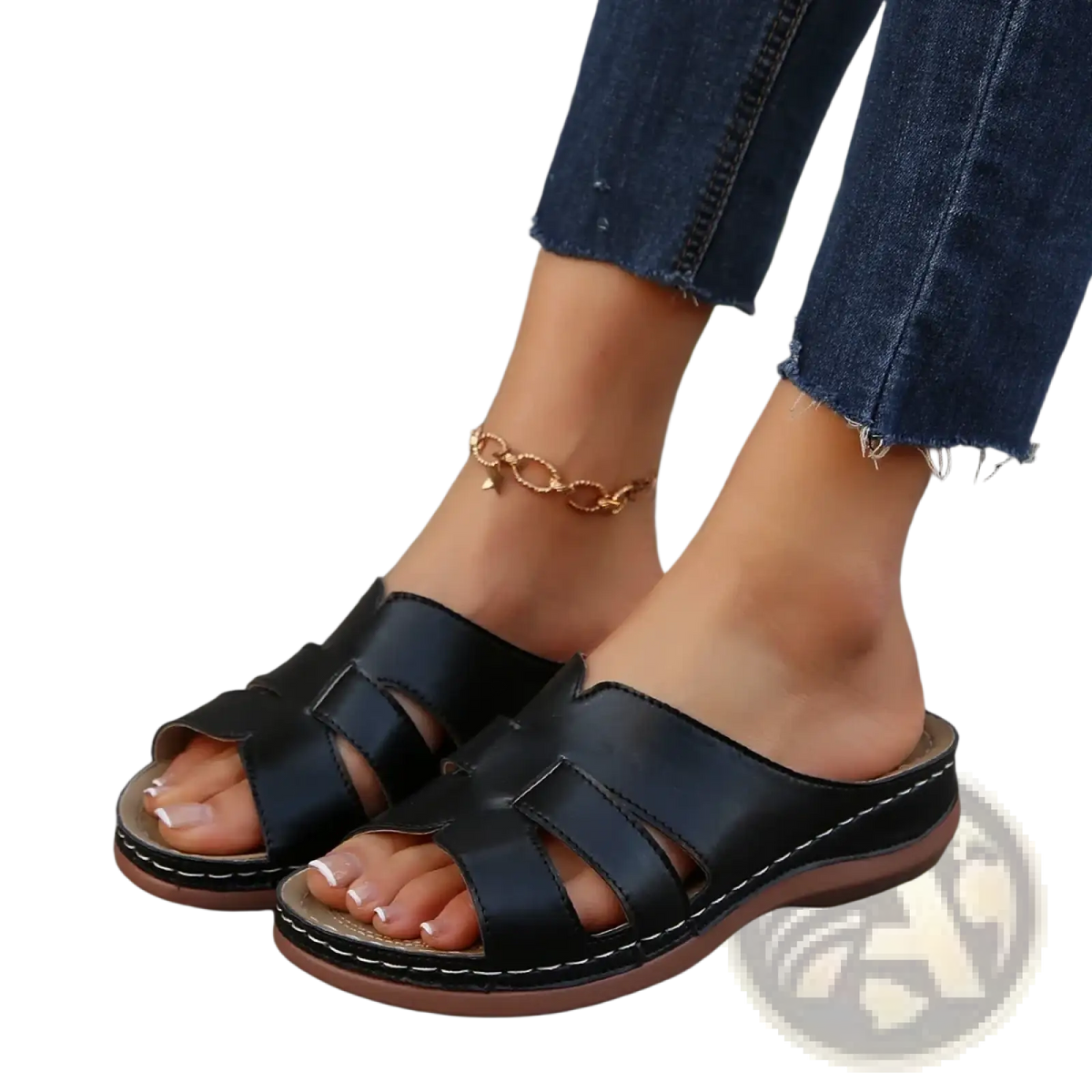 Black leather women’s platform wedge slide sandals with crisscross straps for summer footwear