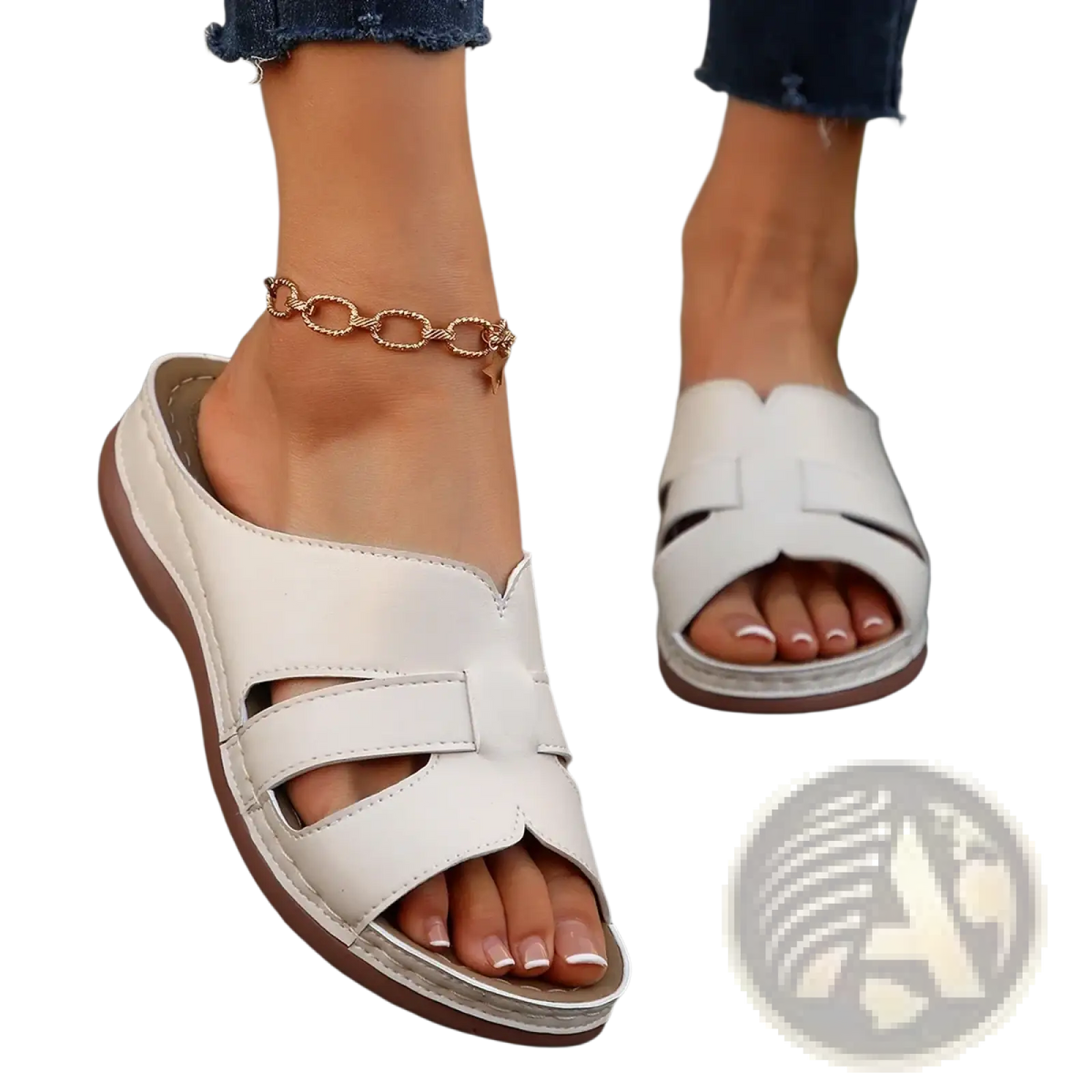 White leather women’s platform wedge slide sandals with brown sole and crisscross strap design for summer wear