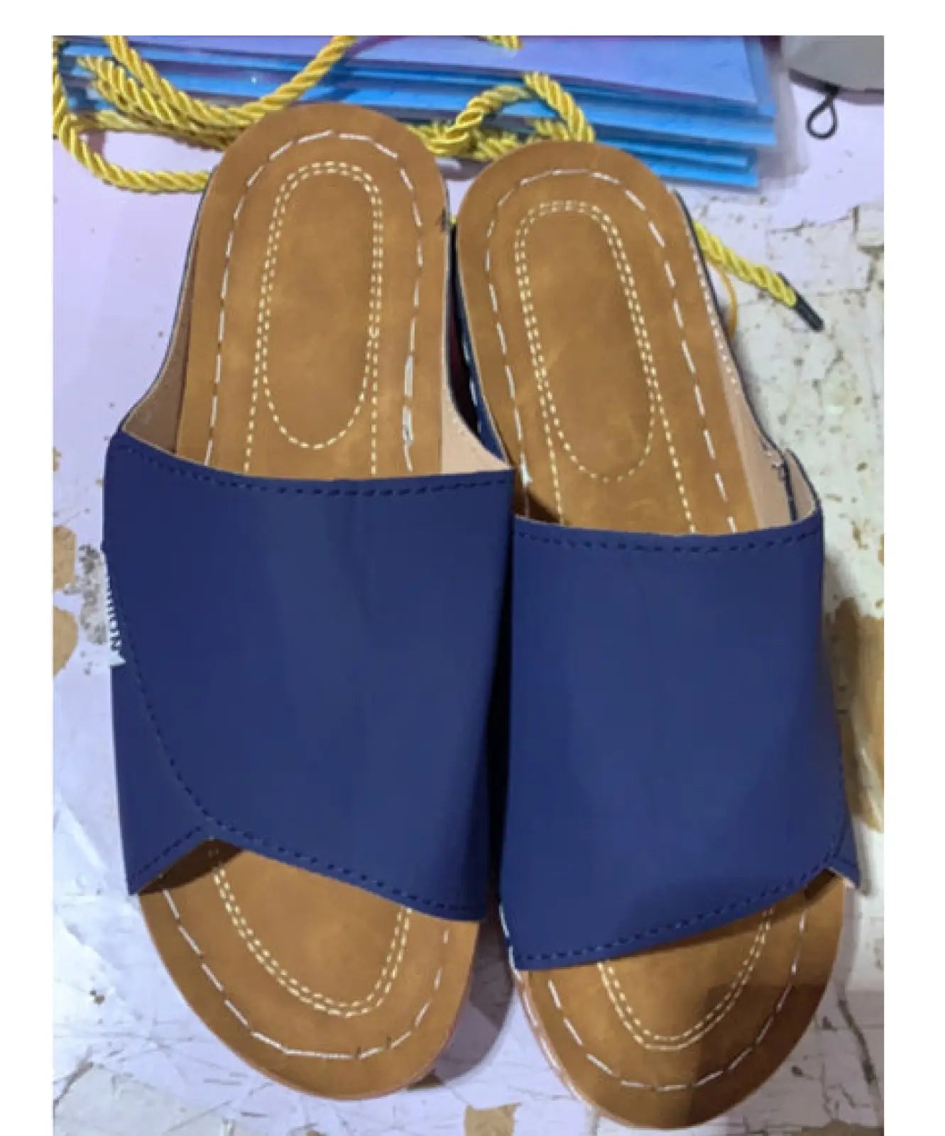 Women’s platform wedge summer slide sandals in blue leather with tan soles and white stitching