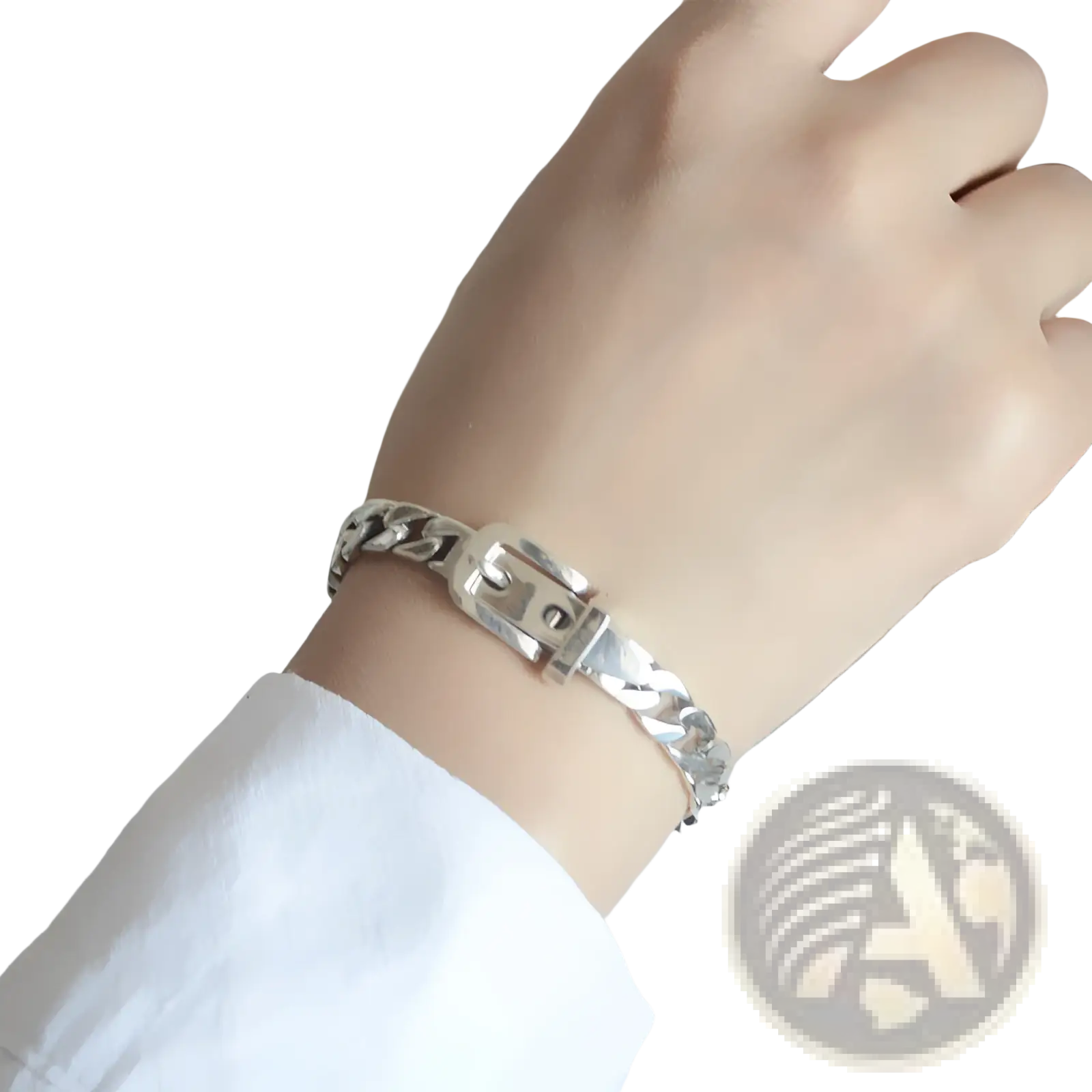 Women’s platinum plated stainless steel silver-toned chain bracelet with a prominent rectangular buckle clasp