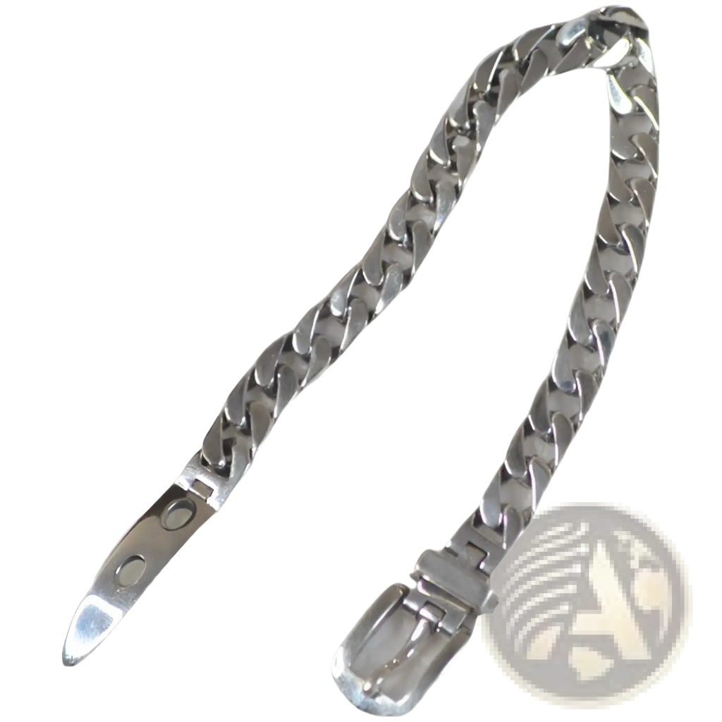 Women’s platinum plated stainless steel curb link bracelet in silver tone with polished finish and classic buckle clasp