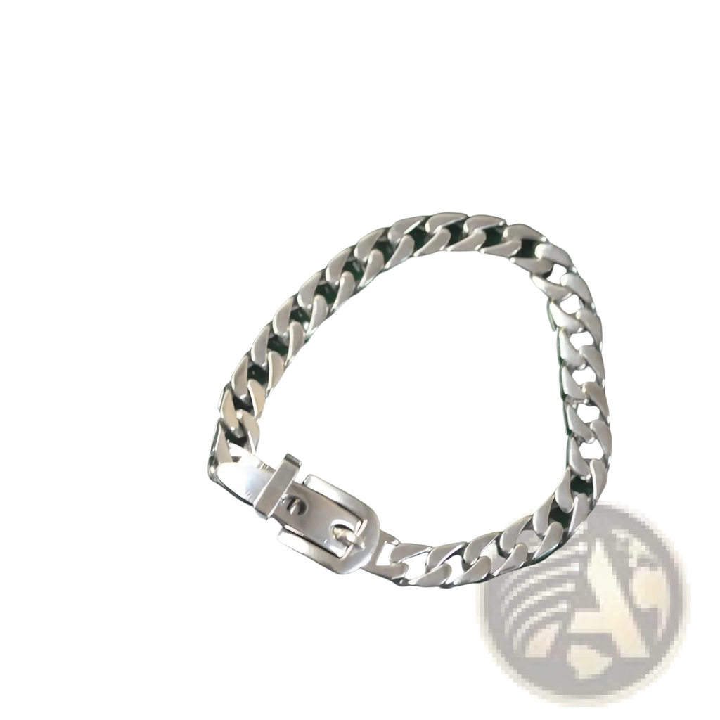 Women’s platinum plated stainless steel buckle chain bracelet with silver-toned Miami link and polished reflective finish