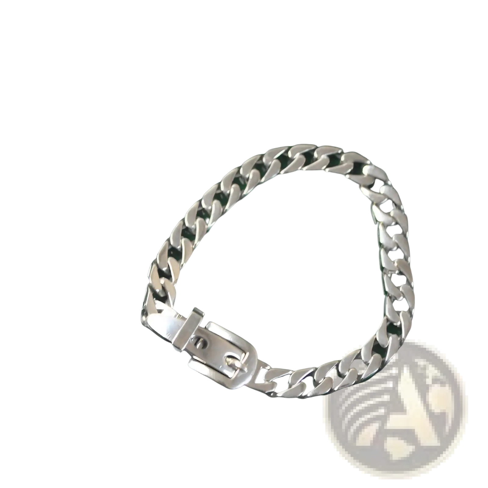 Women’s platinum plated stainless steel buckle chain bracelet with silver-toned Miami link and polished reflective finish