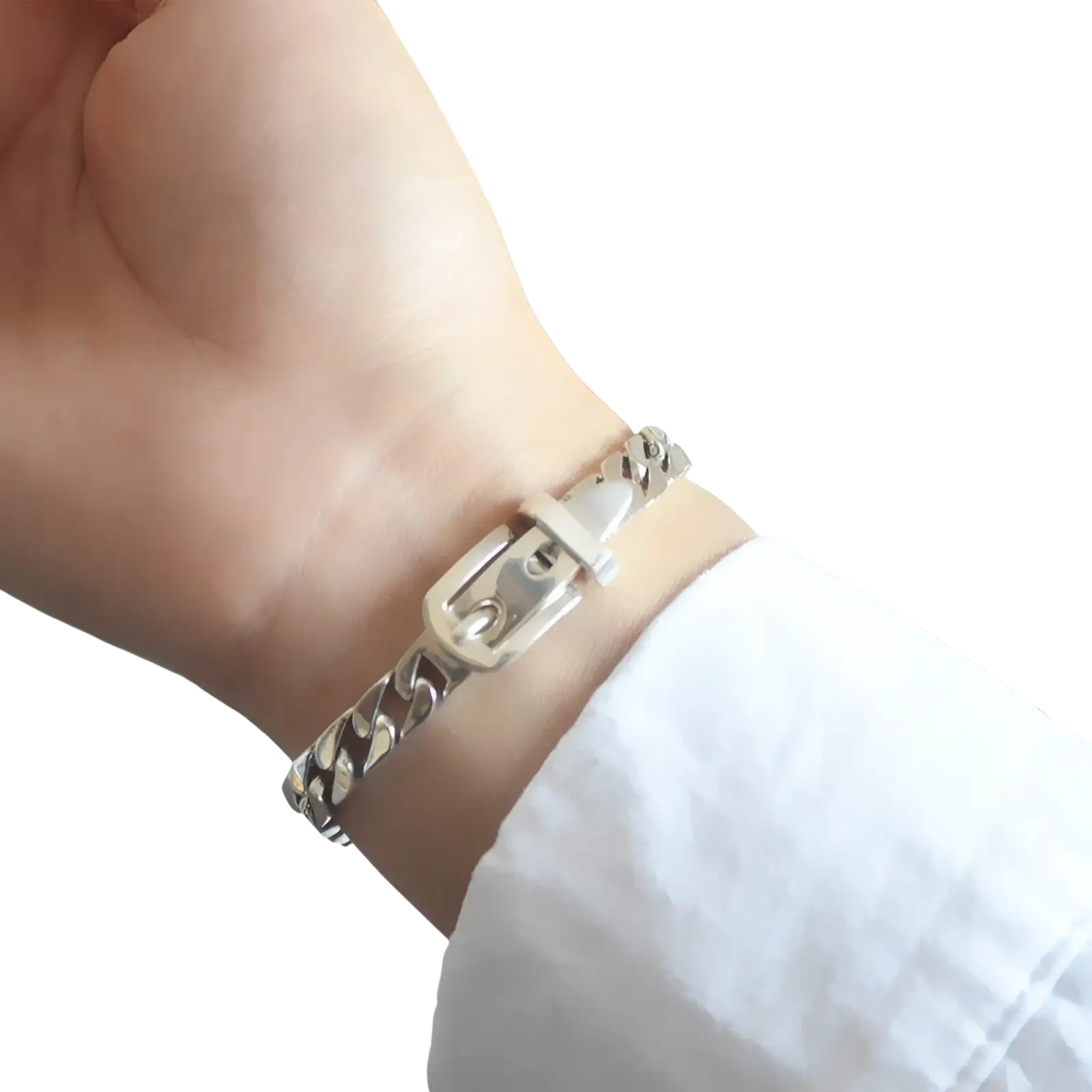 Women’s platinum plated stainless steel chain bracelet with silver-toned interlocking links and prominent buckle clasp