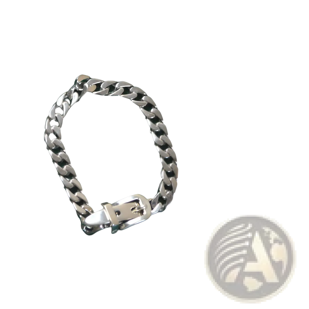 Women’s platinum plated stainless steel buckle chain bracelet with silver-toned cuban link and polished finish