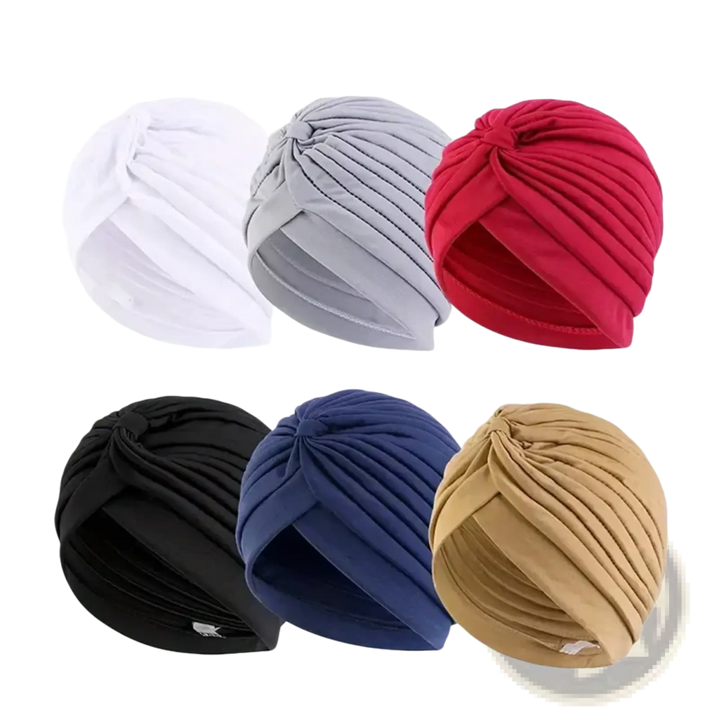 Six soft stretchy pleated turban caps in white gray red black blue and beige for women in a 6 pack set