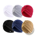 Six soft stretchy pleated turban caps in white gray red black blue and beige for women in a 6 pack set