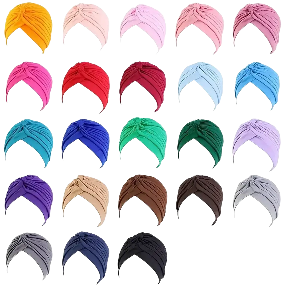 Womens pleated turban caps 6 pack of colorful soft fabric hats in solid yellow pink red blue green purple beige brown gray and black