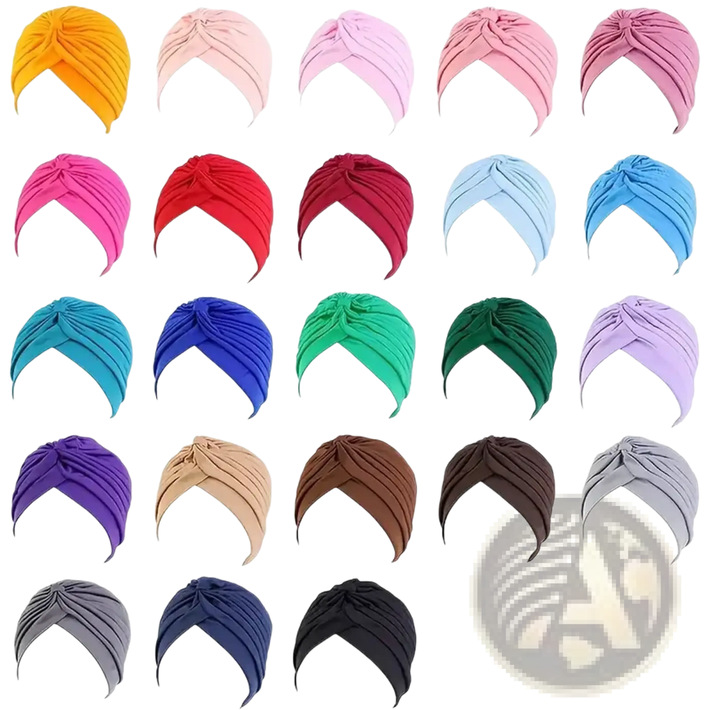 Womens pleated turban caps 6 pack of colorful soft fabric hats in solid yellow pink red blue green purple beige brown gray and black