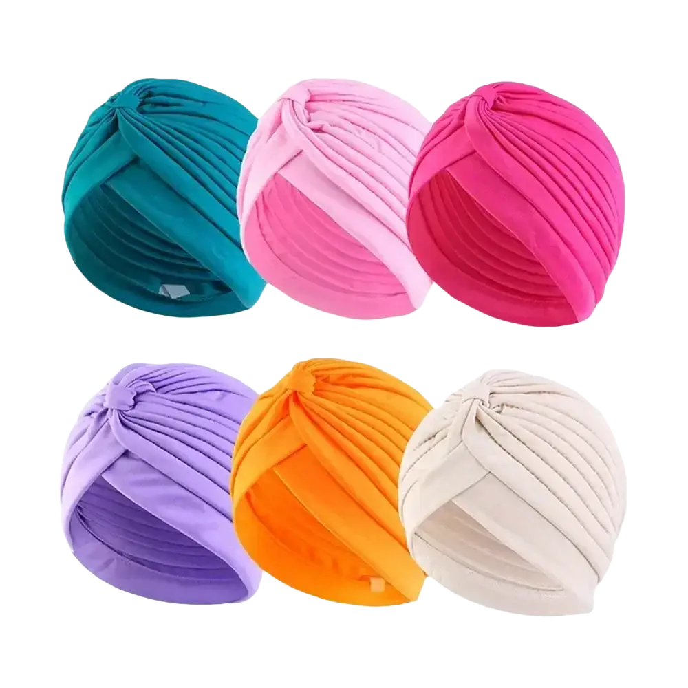 A set of six vibrant pleated turban caps for women in teal pink magenta purple orange and cream colors