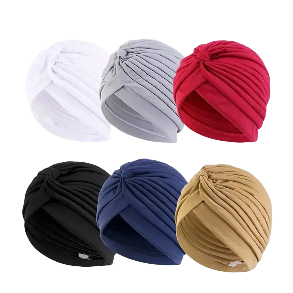 Six soft stretchy pleated turban caps in white gray red black blue and beige for women in a 6 pack set