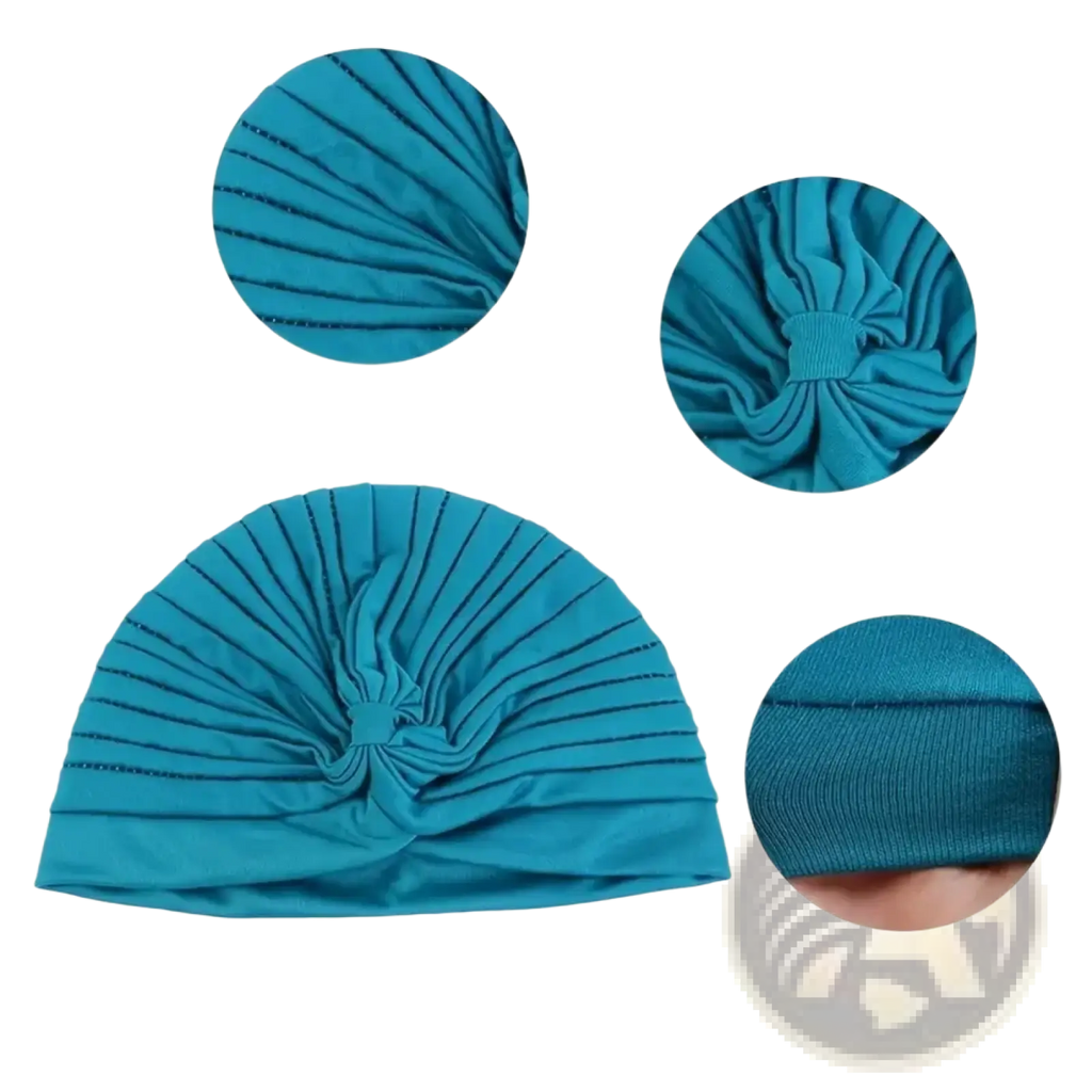 A teal pleated turban cap with a gathered knot and elastic band from womens pleated turban caps 6 pack