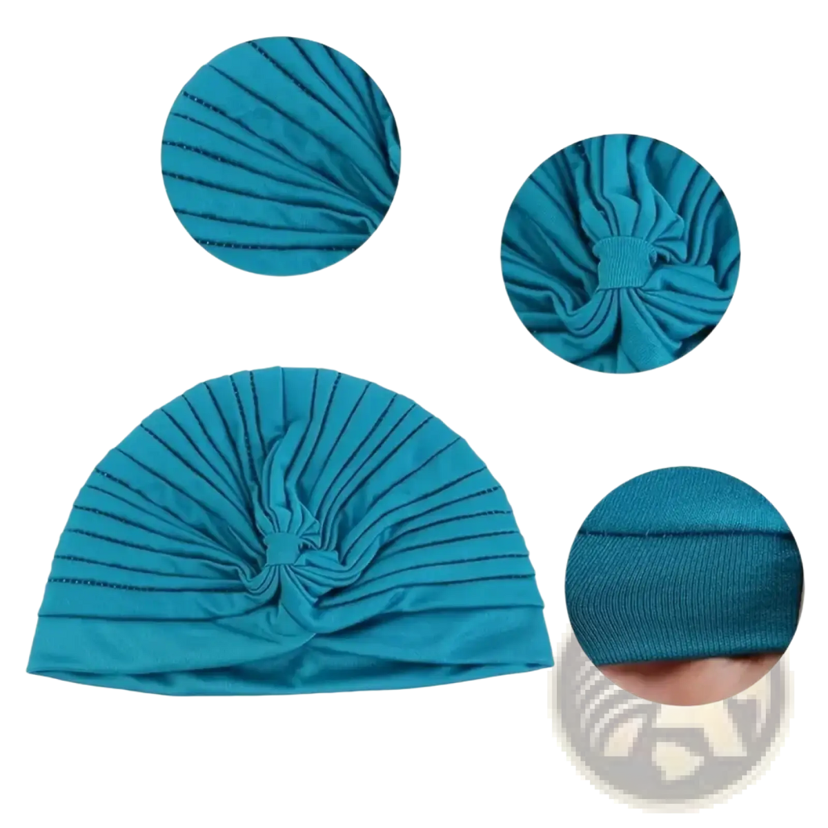 A teal pleated turban cap with a gathered knot and elastic band from womens pleated turban caps 6 pack