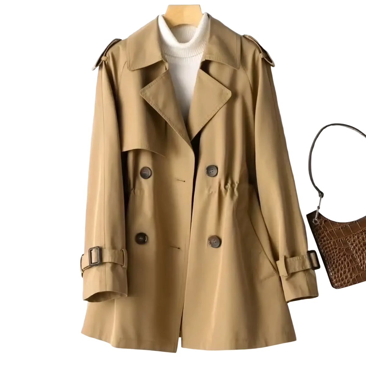 Beige women’s plus size trench coat midi windbreaker with double-breasted front dark brown buttons and adjustable cuffs