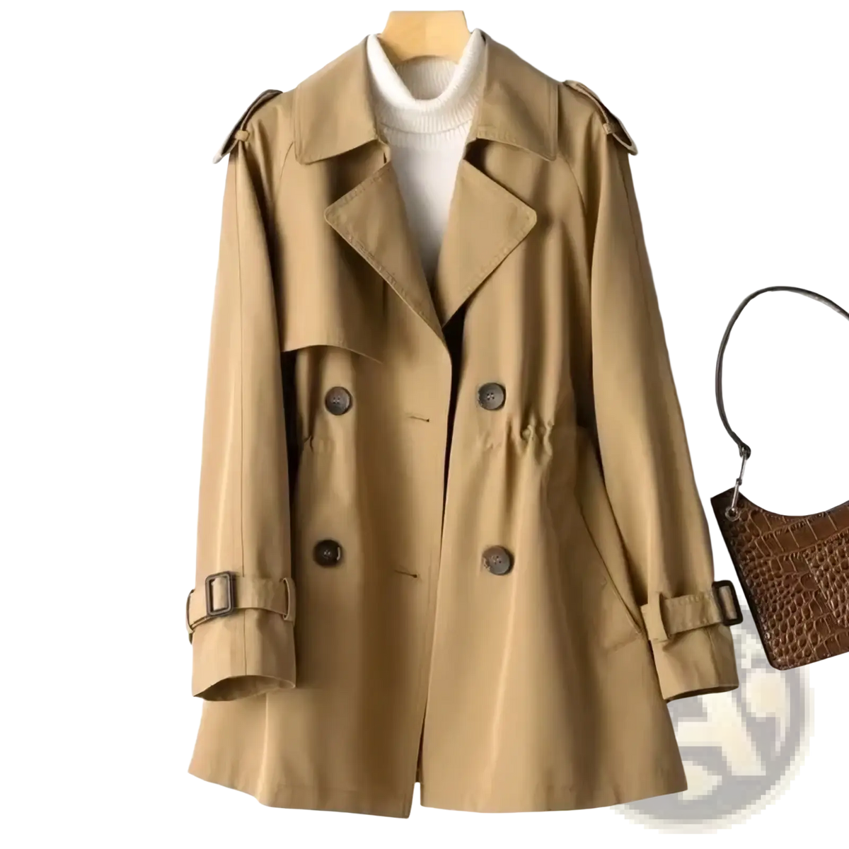 Beige women’s plus size trench coat midi windbreaker with double-breasted front dark brown buttons and adjustable cuffs