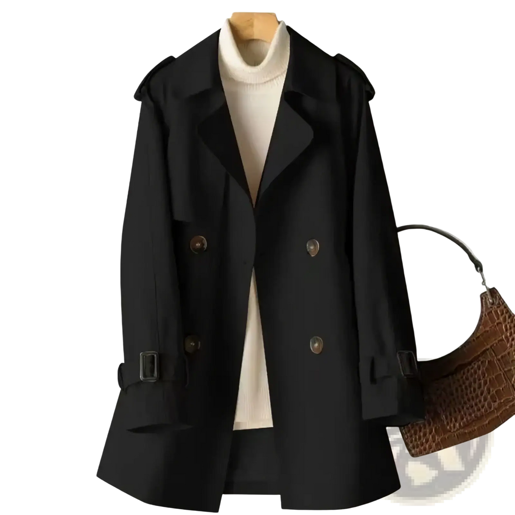 Women’s plus size black double-breasted trench coat with epaulets and belt details in midi windbreaker style