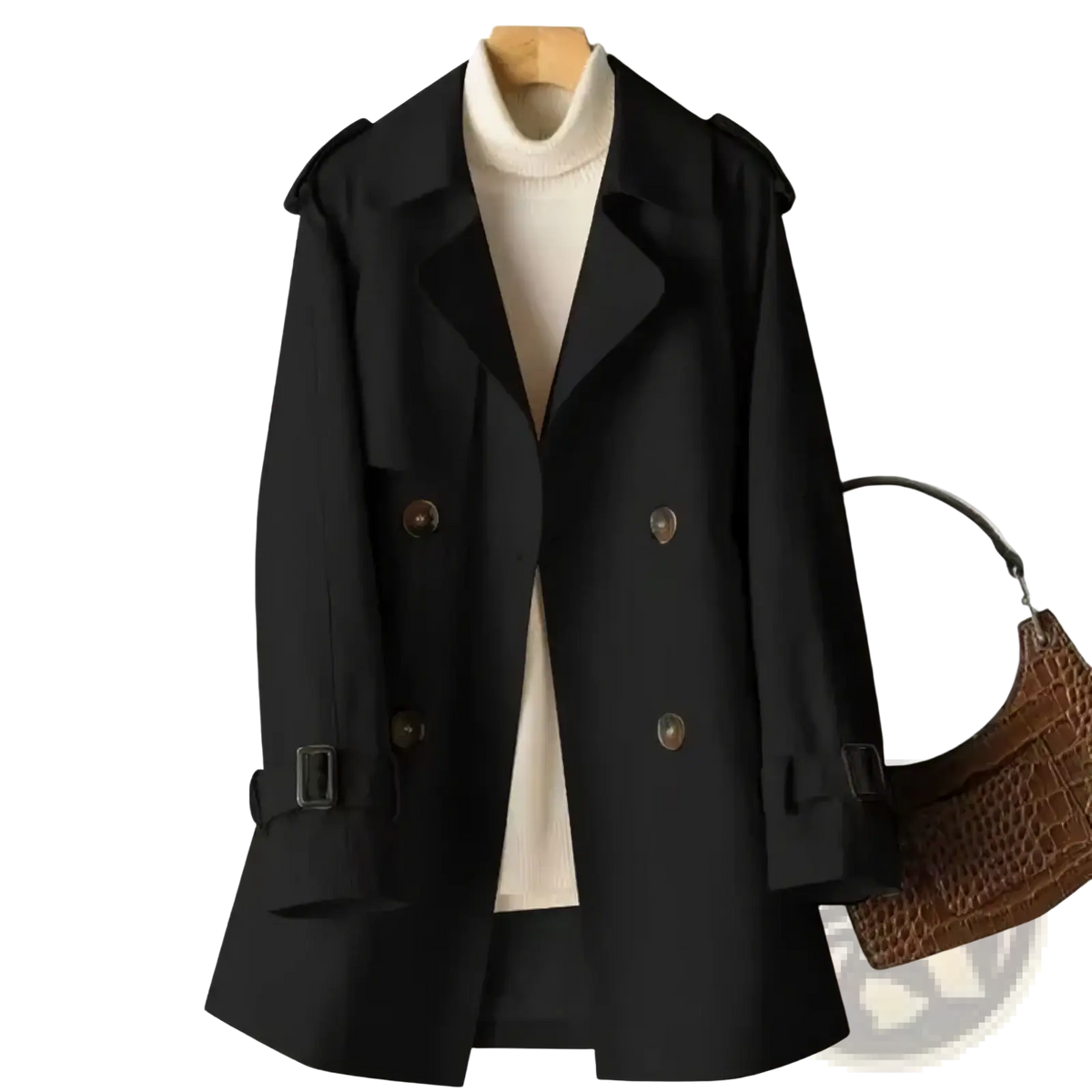 Women’s plus size black double-breasted trench coat with epaulets and belt details in midi windbreaker style