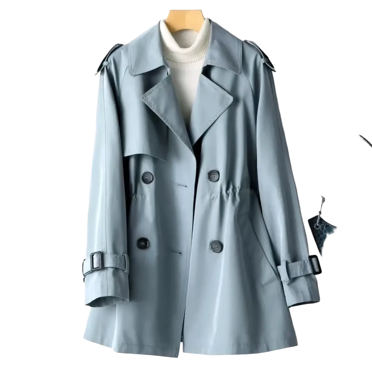 Women’s plus size trench coat midi windbreaker in light blue with black buttons and adjustable cuffs