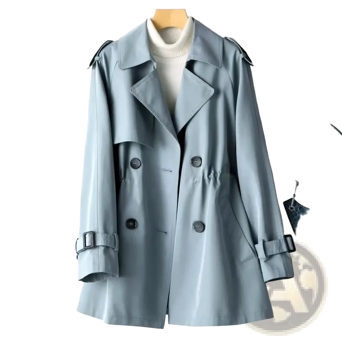 Women’s plus size trench coat midi windbreaker in light blue with black buttons and adjustable cuffs